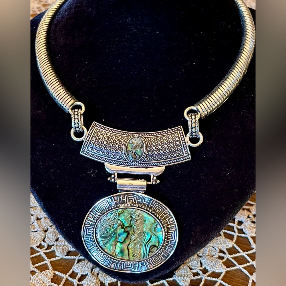 Ethnic Hammered Oval Pendant Necklace Silver Tone Metal